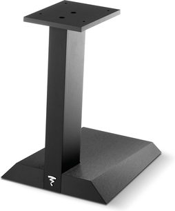 Focal Pied Chora Center højttaler-fod i sort metal, L-formet, med rektangulær base, lodret søjle og skrå overliggende plade