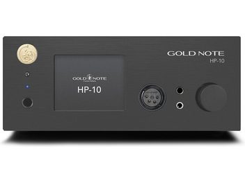Przedwzmacniacz słuchawkowy hi-fi HP-10 BT czarny, widok z przodu, prostokątna obudowa, pokrętło obrotowe, złącza, centralny ekran, logo