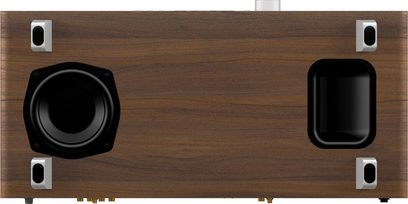 Sonoro alt-i-en hi-fi-system, model Meisterstück (gen 2) valnød - sølv. Sort højttaler til venstre, sort bass-reflex port til højre, 4 sølvfødder