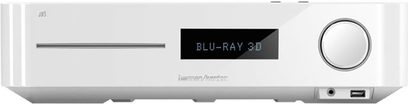 Harman Kardon BDS-570 vit hemmabio-förstärkare, frontvy, display "BLU-RAY 3D", kontrollknappar och ratt, USB-port