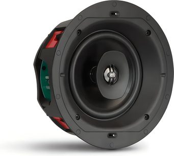 Inbouw plafondluidspreker PSB CS650 rond zwart, plastic en metaal, coaxiale tweeter, rode schroeven en klauwen, 3/4-zijaanzicht