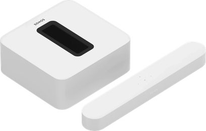 Bílý soundbar Sonos Beam (Gen 2), pohled shora a z boku, obdélníkový tvar s černým oválným výřezem