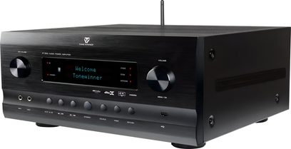 Sort hjemmebio-forstærker Tonewinner AT-2000, front med blå LED-skærm, store volumenknapper, Dolby dtsX 4K-logoer