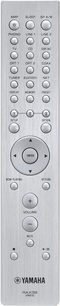 Yamaha RAX33 remote control with buttons to control an amplifier or tuner: volume, input, audio options, and navigation