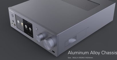 Zidoo NEO X multimedieafspiller i aluminium set forfra, front med skærm, knapper og stik