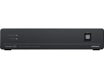 Front view of an Audioquest PowerQuest 505 power conditioner, black housing, white lettering, button and switch