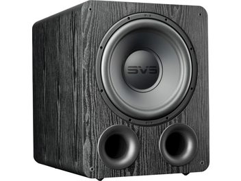 Сабвуфер SVS PB-1000 PRO black ash, чорний ясен. Вид спереду. Чорний круглий динамік по центру, два круглі чорні порти внизу.