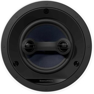 Indbygget Bowers & Wilkins CCM664SR højttaler i sort, set forfra, med blå perforeret metalrist, to højttalere