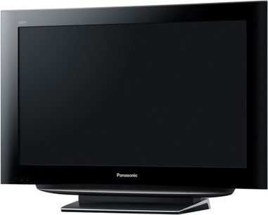 Panasonic TX-32LZD81 sort fladskærms-TV, set forfra, slukket, på ensfarvet grå baggrund