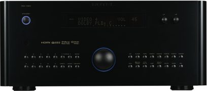 Černý domácí kino zesilovač Rotel RSX-1560, přední panel, pohled zepředu, tlačítka, otočné ovladače, modrý displej, sluchátkový a mikrofonní vstup