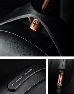 Meze Liric hovedtelefoner i mat sort metal, polstret hovedbøjle, ovale ørepuder med indgraveret kobberfarvet "M"-logo