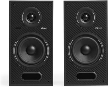 Dva reproduktory Elipson Horus 6 Active BT Phono v matné černé, pohled zepředu, čelní panel z texturovaného plastu, tweeter, woofer, bassreflexový otvor