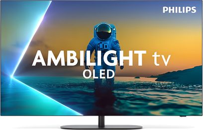 Philips 42OLED810 högupplöst TV i svart med tunn metallram och OLED-glaspanel, monterad på ett centralt cylinderformat metallstativ med oval bas, sedd framifrån