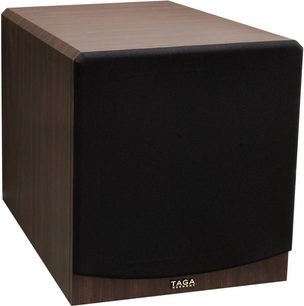 Moderne wengé-træ kubisk subwoofer fra Taga Harmony TSW-210, mørk træfinish, sort frontpanel