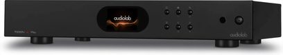 Audiolab 7000N Play netværksafspiller sort med centralt display, der viser et logo, 6 cirkulære knapper og 1 tænd/sluk-knap