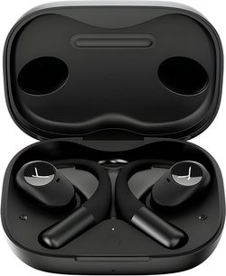 Beyerdynamic Amiron 200-hörlurar i svart plast med öronkrokar, öppet laddningsetui, vy framifrån
