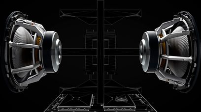 Bowers & Wilkins DB2D sort lakeret subwoofer, teknisk eksploderet visning, højttalere, kabinet, forstærker, ledningsføring