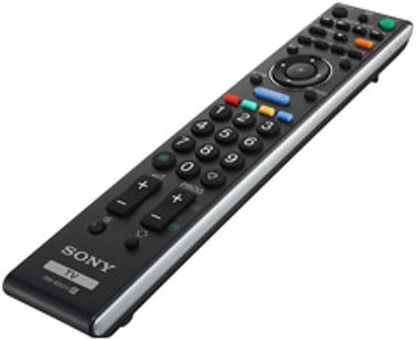 Mando a distancia negro de Sony para TV con botones de colores y teclado numérico, vista frontal de toda su longitud