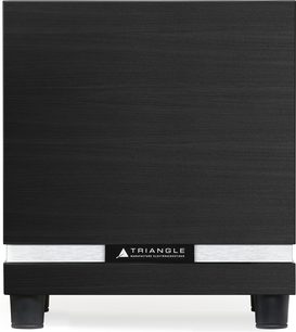 Triangle Thetis 340 subwoofer i sort ask, set forfra, mat sort rektangulær kabinet, sølvfarvet logo, sorte fødder
