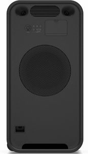 Bærbar svart Sony ULT TOWER MAX Bluetooth-høyttaler, bakfra med stor høyttaler og kontrollpanel