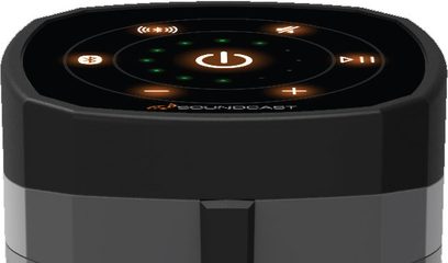 Trådløs, tilsluttet Soundcast VG3-højttaler, set ovenfra, cylindrisk sort form, 7 baggrundsbelyste knapper arrangeret i en cirkel