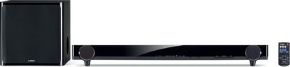 Yamaha YAS-201 sort soundbar med trådløs subwoofer, fjernbetjening, set forfra