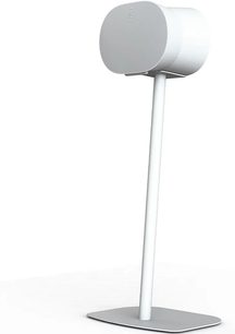Biały stojak na głośnik Mountson do Sonos Era 300, smukła tuba na okrągłej podstawie, pochylone mocowanie, minimalistyczny styl