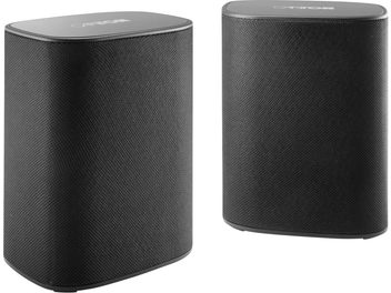 Paar schwarze Canton Smart Libero WLAN-Lautsprecher mit abgerundetem, rechteckigem Design und Akustikstoff