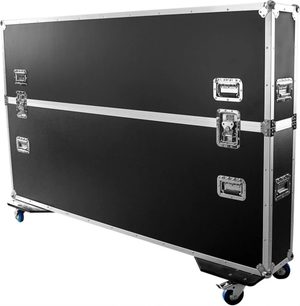 Svart flightcase for skjerm Power Acoustics Flight Ecran 75/85, med sølvfargede kanter, håndtak, låser og hjul