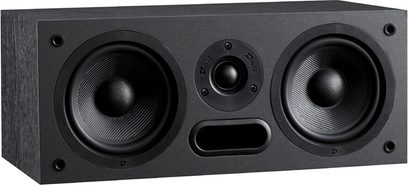 Davis Acoustics Maya 2 sort centerkanal, frontvisning, 3 runde sorte højttalere i et rektangulært, matsortkabinet