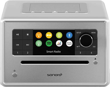 Sonoro Elite Tischradio in glänzendem Silber, Frontansicht, Metallgehäuse, Farbdisplay, runde Tasten