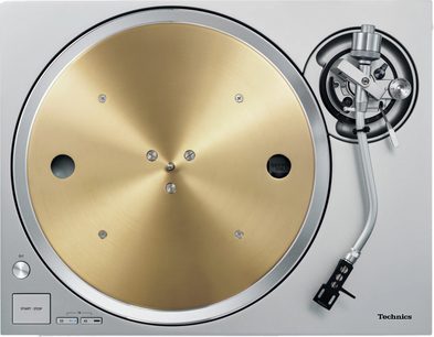 Technics SL-1300GE-S vinüülplaadimängija pealtvaade, kuldne ümmargune taldrik, paremal hõbedane helikäpp, start-stop nupp