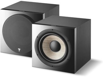 Subwoofer Focal SUB 1000 F černý, pohled zepředu a z úhlu, krychlový tvar, centrálně umístěný kruhový reproduktor