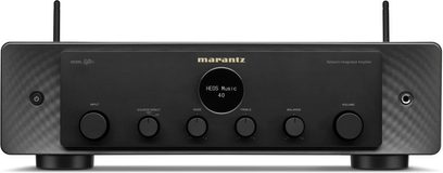 Marantz 40n zwarte stereo hi-fi versterker, voorzijde met knoppen, hoofdtelefoonaansluiting en balans, LED-display, vooraanzicht