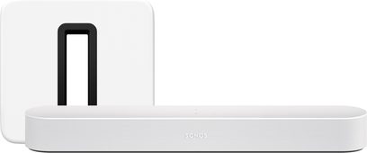 Bílý soundbar Sonos Beam (Gen 2), pohled zepředu, s bílým obdélníkovým stojanem a černým logem uprostřed