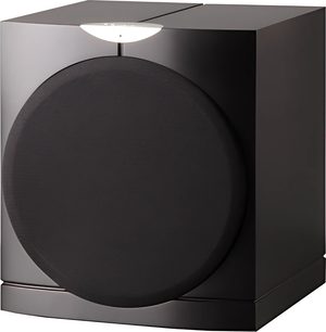 Mat sort kubisk basreflekskabinet Waterfall Audio HF1-250, cirkulær højttaler, metalrist, blankt kabinet