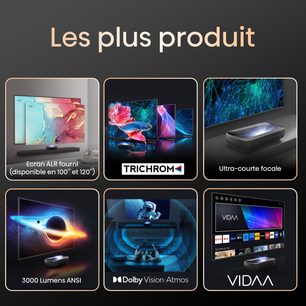 Hisense 120L9HA projektor, ALR-skærm inkluderet (fås i 100" og 120"), ultra-kort afstand, 3000 ANSI lumens, Dolby Vision Atmos, VIDAA