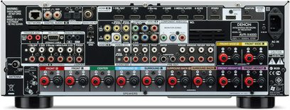 Denon AVR-X4000 sort hjemmebiografsforstærker, frontvisning, mange stik og knapper, central skærm, to sideknapper