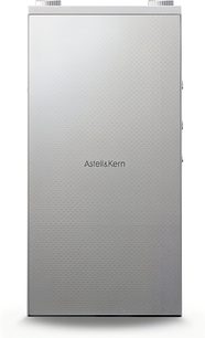 gümüş Astell&Kern PD20 audiophile müzik çalar, önden görünüm, geometrik desenli dokulu ön panel, üstteki tekerlek düğmeleri