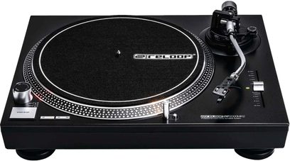 Melnā Reloop RP 2000 MK2 hi-fi vinila plates augšējais skats, apaļš ripas, toņvārpsta, pogas un ritenīši