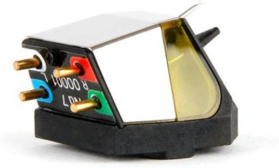 Rega Nd7 turntable cartridge, side view, silver casing, colored connectors, black base, visible stylus