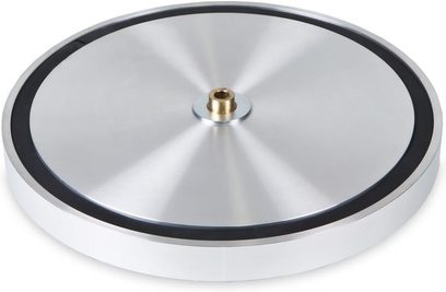 Gramofon Pro-Ject X-tension 9 Evolution SuperPack v bílém lesklém provedení, pohled shora, černý kruhový talíř a zlaté centrální tlačítko