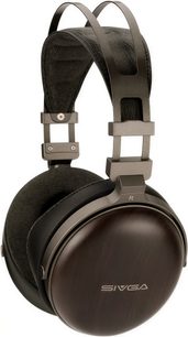 Sivga Peng hifi-hoofdtelefoon in driekwartaanzicht, donkerbruine oorschelpen, zwarte oorkussens en dubbele grijze hoofdb beugel met gevoerde hoofdband