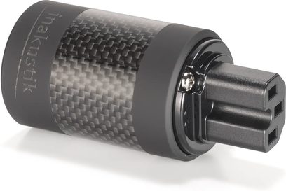 Strømadapter UHQ C15R plug DRUCK, skrå visning, sort tekstureret cylindrisk krop, 3-benet stik, sølvskrue