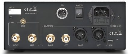Phono-Vorverstärker PH-5.2 Rückansicht mit RCA-Eingängen, RCA- und XLR-Ausgängen, Netzanschluss und USB-Port