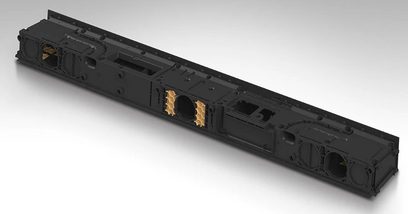 Panasonic SC-HTB700EGK sort soundbar, set oppefra, med høyttalergitter og synlige tilkoblinger