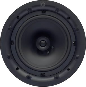 Indbygget loftshøjttaler Q Acoustics QI80C sort, cirkulært kabinet i plast og metal, konisk woofer med centreret diskant og perifere fastgørelsesskruer, set forfra