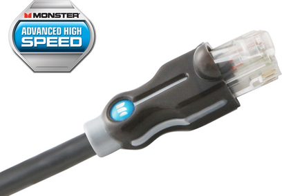 Câble réseau Ethernet RJ45 Monster Advanced High Speed gris, connecteur transparent laissant voir circuit imprimé bleu