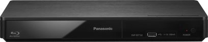 Panasonic DMP-BDT160 sort 4K Blu-ray-afspiller, set forfra, rektangulær langstrakt form, blank frontpanel, USB-port