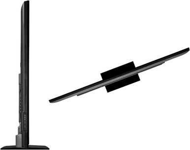 Sharp LC-80LE645E TV, side view, flat black screen, slim frame, matte black rectangular stand